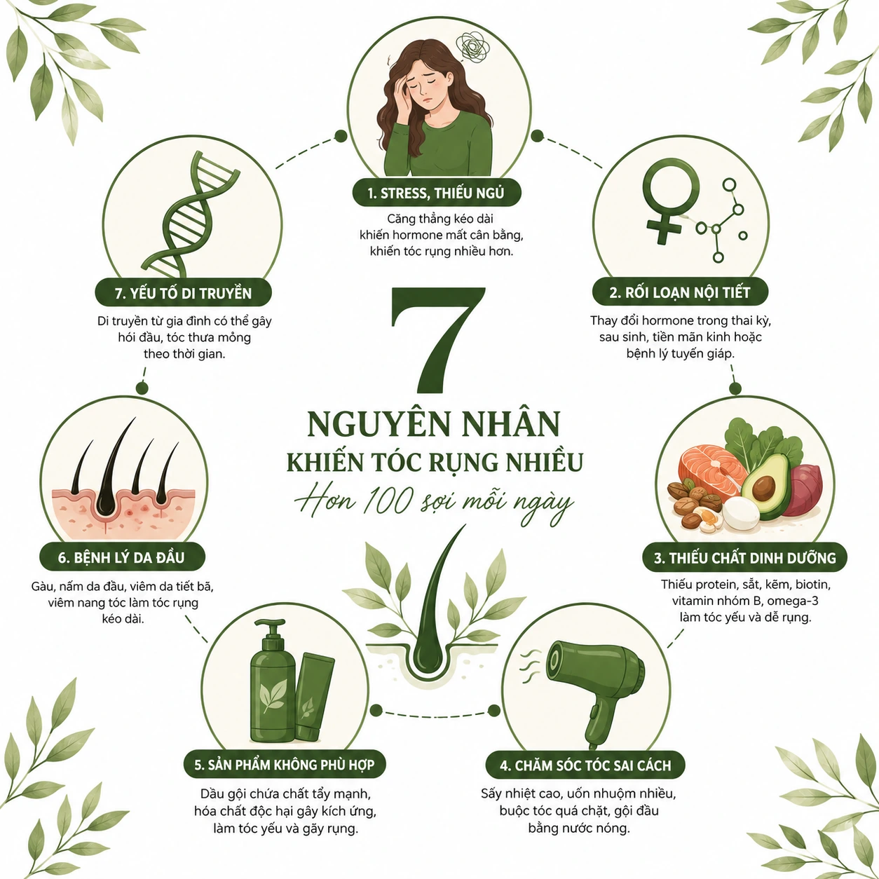 Infographic 7 nguyên nhân khiến tóc rụng nhiều hơn 100 sợi mỗi ngày.