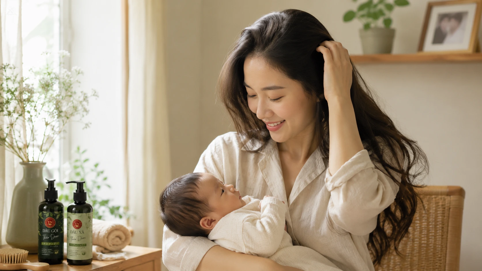 chăm sóc tóc sau sinh mẹ và bé phục hồi tóc rụng