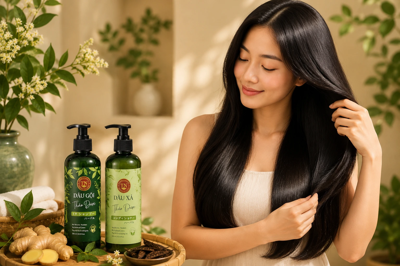 Tóc khỏe đẹp tự nhiên với routine chăm sóc tóc dịu nhẹ hằng ngày.