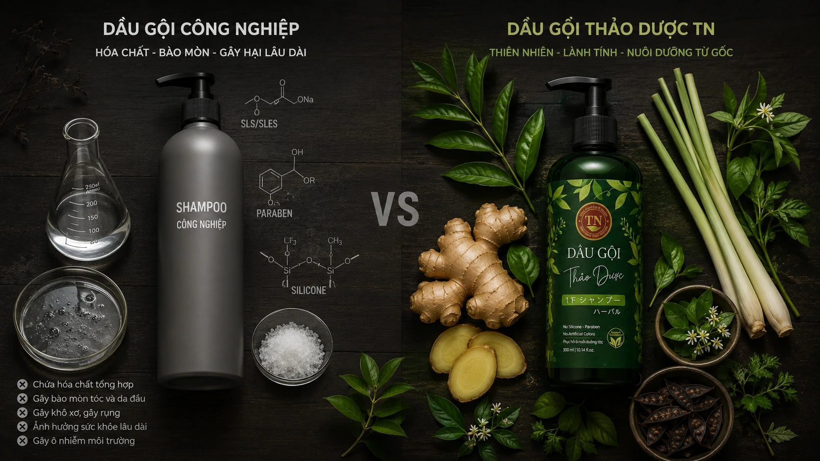 dầu gội thảo dược hay dầu gội công nghiệp so sánh thực tế