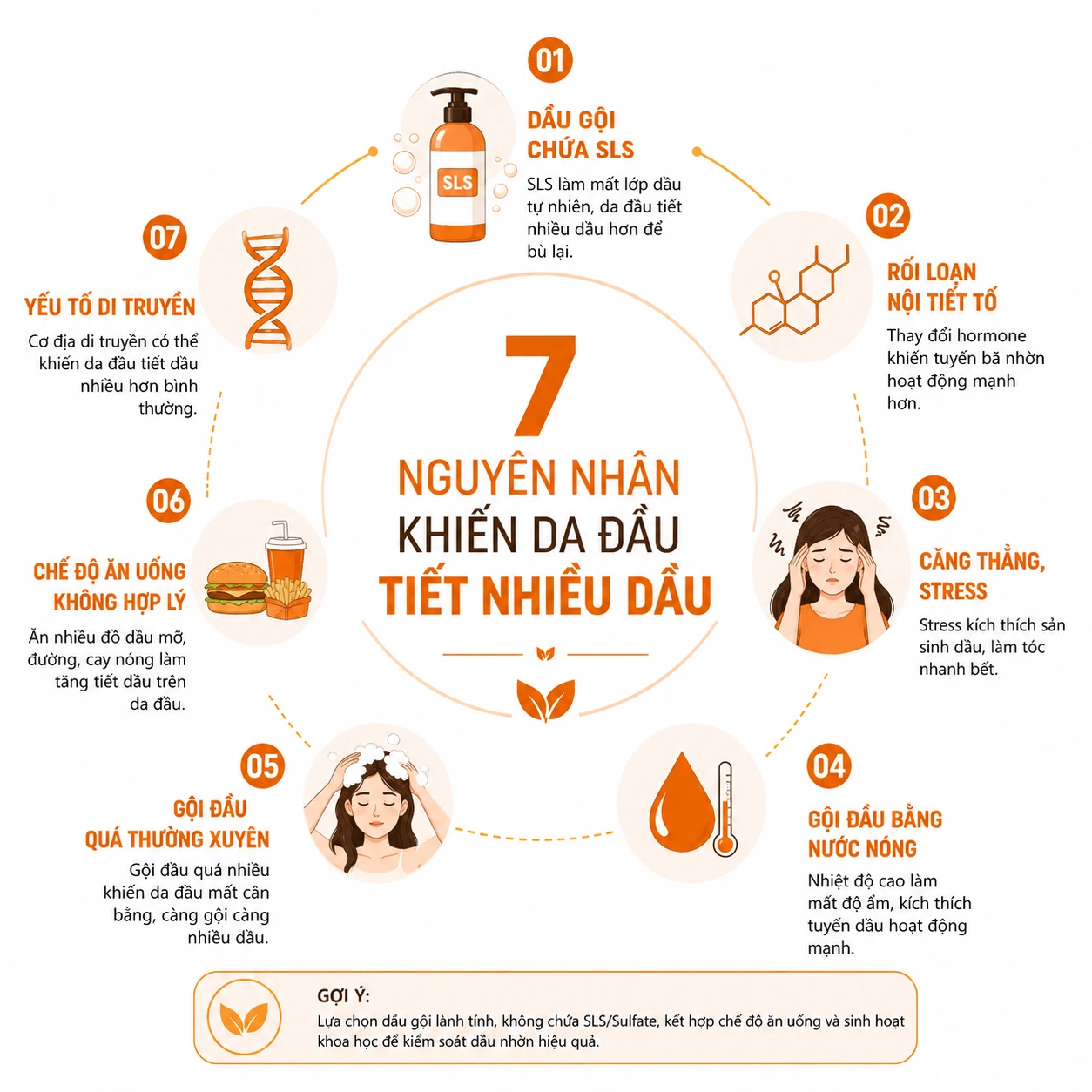 nguyên nhân da đầu dầu nhờn SLS hormone stress
