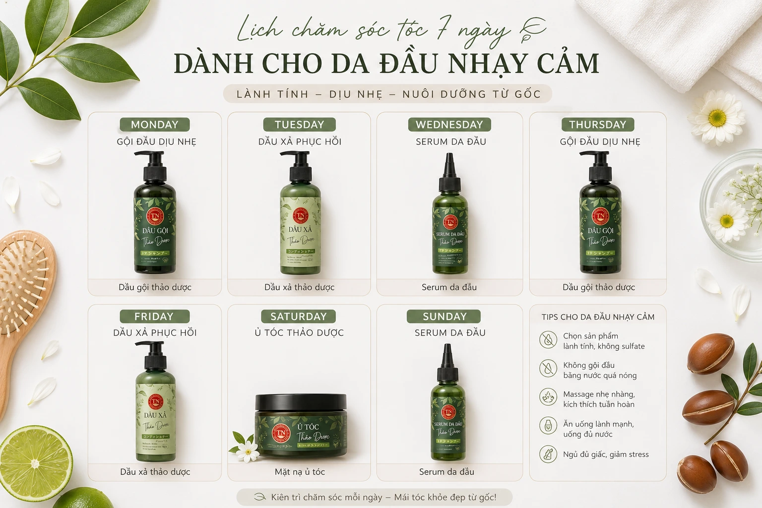 routine chăm sóc da đầu nhạy cảm hàng tuần