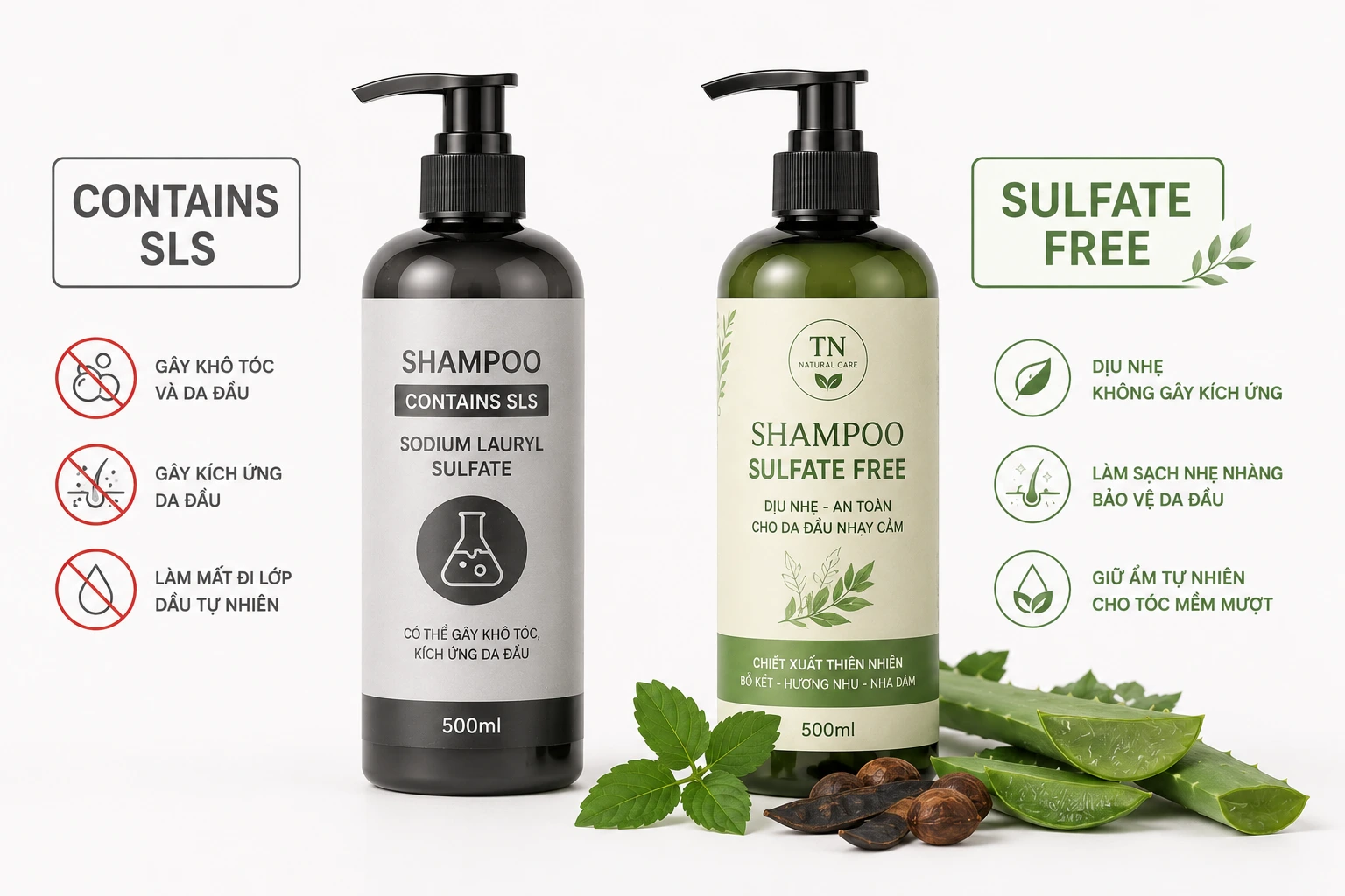 so sánh dầu gội có sulfate và không sulfate