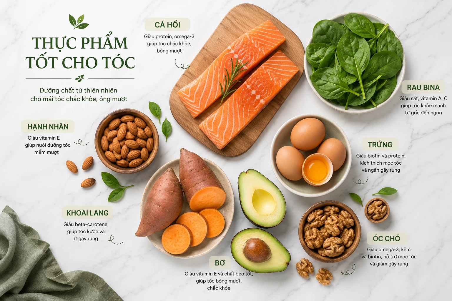thực phẩm phục hồi tóc khô xơ biotin protein omega-3